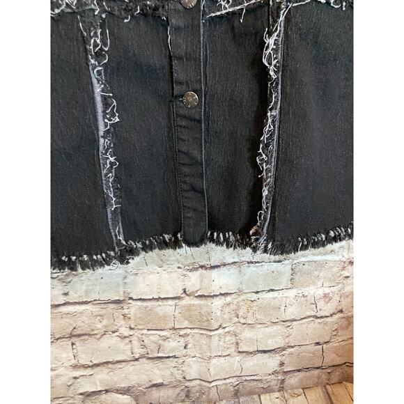 A.Z.I. NY Jacket Womens Small Denim Jean Black Patchwork Fringed Distressing - Picture 6 of 12